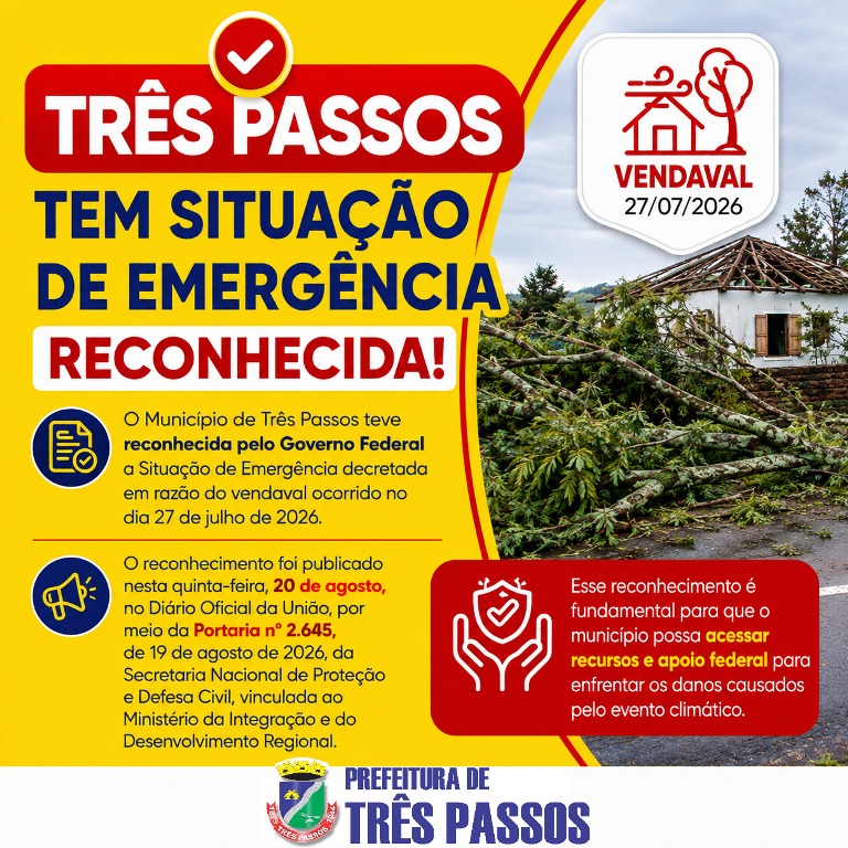 Foto relacionada à notícia: Três Passos tem Situação de Emergência reconhecida pelo Governo Federal após vendaval de 27 de julho