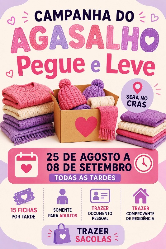 Foto relacionada à notícia: ASSISTÊNCIA SOCIAL ENCERRA CAMPANHA DO AGASALHO DE INVERNO COM “PEGUE E LEVE”