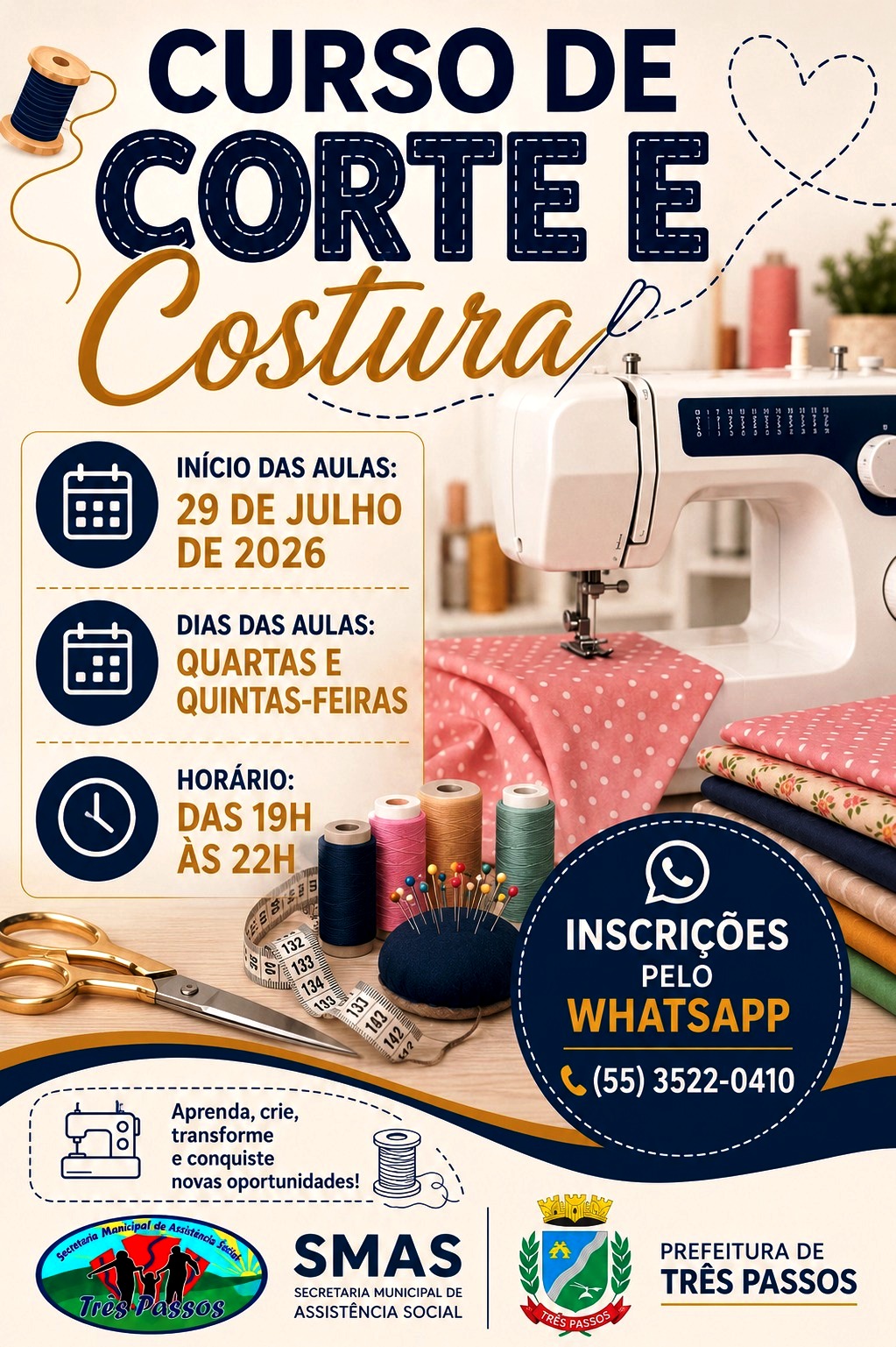 Foto relacionada à notícia: INSCRIÇÕES ABERTAS PARA O CURSO DE CORTE E COSTURA PROMOVIDO PELA SECRETARIA MUNICIPAL DE ASSISTÊNCIA SOCIAL