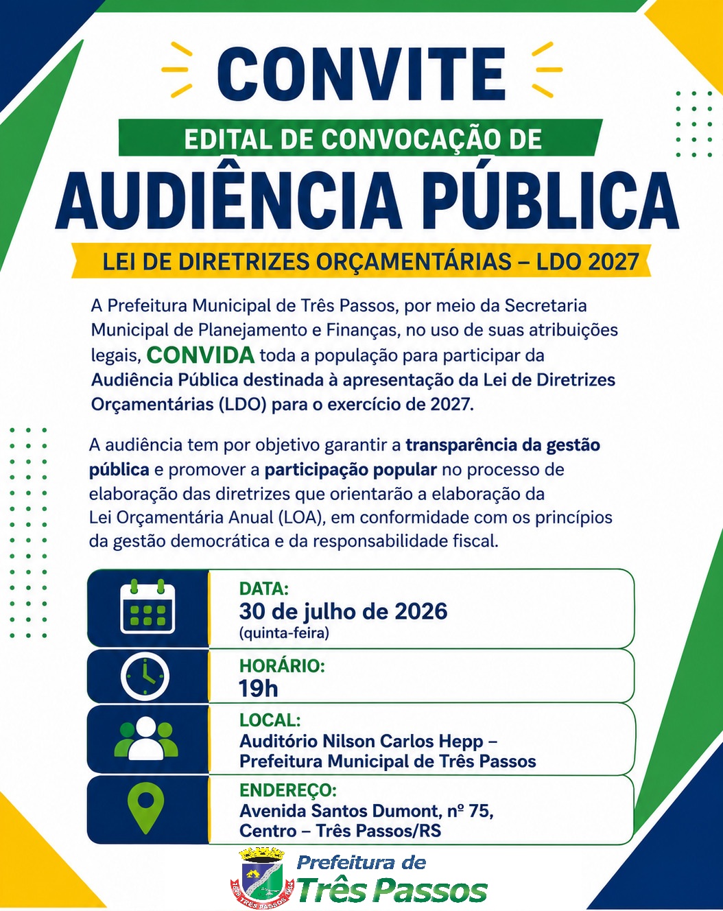 Foto relacionada à notícia: AUDIÊNCIA PÚBLICA DEBATERÁ A LEI DE DIRETRIZES ORÇAMENTÁRIAS (LDO) 2027 EM TRÊS PASSOS