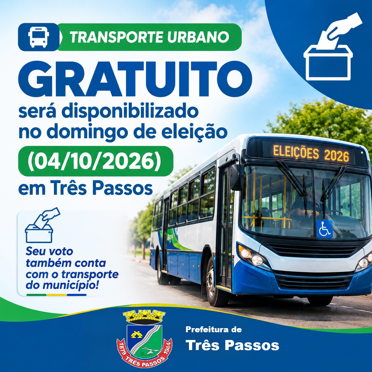 Foto relacionada à notícia: Transporte urbano gratuito será disponibilizado no domingo de eleição (04/10/2026) em Três Passos