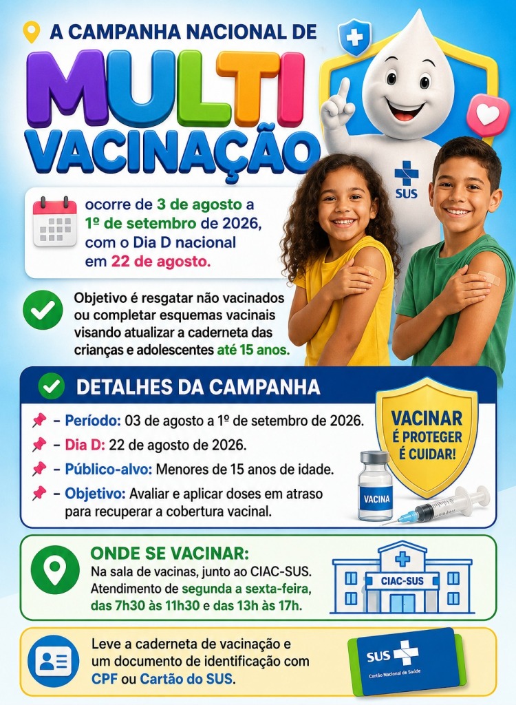 Foto relacionada à notícia: TRÊS PASSOS: A CAMPANHA NACIONAL DE MULTIVACINAÇÃO ATÉ 1º DE SETEMBRO DE 2026, COM O DIA D NACIONAL EM 22 DE AGOSTO