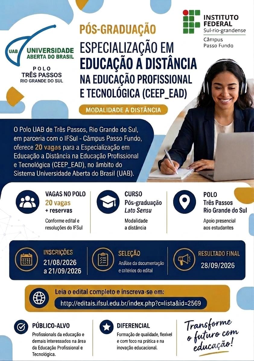 Foto relacionada à notícia: ABERTO PROCESSO SELETIVO PARA PÓS-GRADUAÇÃO LATO SENSU ESPECIALIZAÇÃO EM EDUCAÇÃO A DISTÂNCIA NA EDUCAÇÃO PROFISSIONAL E TECNOLÓGICA