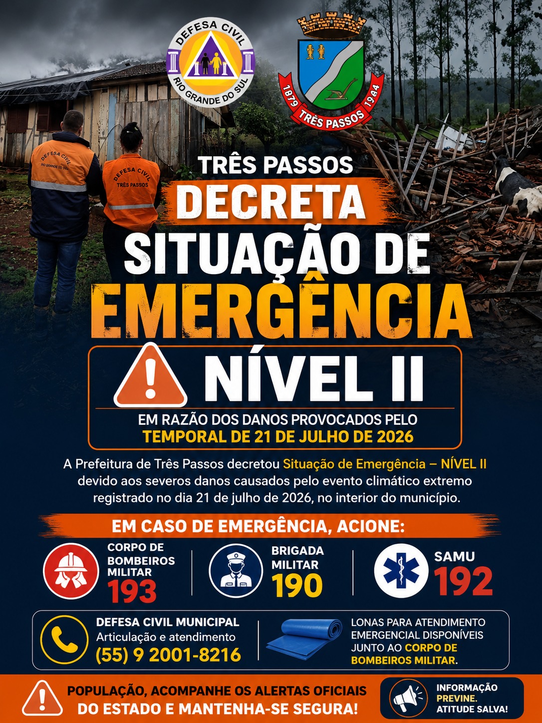 Foto relacionada à notícia: Três Passos decreta Situação de Emergência Nível II em razão dos danos provocados pelo temporal de 21 de julho