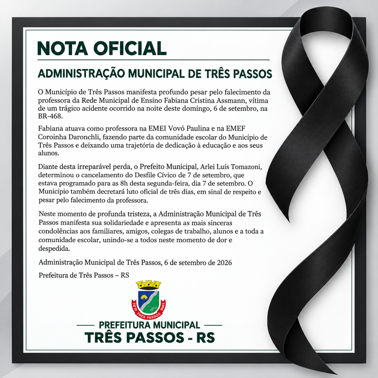 Foto relacionada à notícia: NOTA OFICIAL  ADMINISTRAÇÃO MUNICIPAL DE TRÊS PASSOS